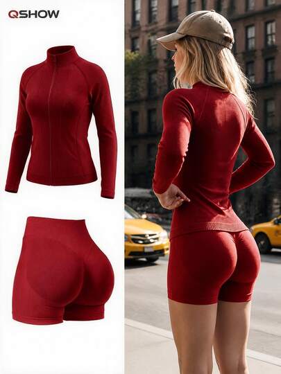 Women's Summer 2 Pieces Pink Top + High Waist Shorts Set, Suitable For Sports, Yoga, Pilates, Gym, Running