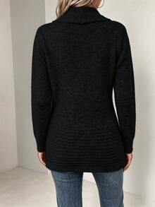 Cardigan Hitam Lengan Panjang Ukuran Plus Wanita, Sweater Rajut Musim Gugur/Dingin, Dekorasi Kancing, Jaket Kasual Modis - Hitam - View 2