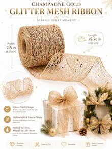 Shiny Sequin Mesh Decorative Ribbon, Lightweight Transparent Metallic Luster Mesh Ribbon, Available In Red, Gold, Champagne Gold, Royal Blue, Light Blue, Green, Easy To Bend And Shape, Suitable For Making 3D Bows, Gift Wrapping, Christmas Tree Decoration, Wreath Decoration, Door Decor, Tabletop Arrangement And Holiday Crafts, Applicable For Christmas, New Year, Wedding, Birthday Party, Celebration, Gift Wrapping, Home Decor And DIY Crafts, Adding Sparkling Texture And Elegant Atmosphere To Holiday Scenes. - Christmas Sequin Ribbon - View 16