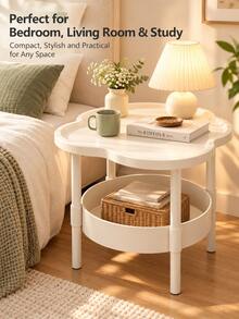 Modern 2-Tier Side Table With Storage Shelf, Clover-Shaped Small End Table, Space-Saving Bedside Cabinet, Suitable For Living Room, Bedroom And Study, White/Black - White - View 4