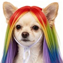 Rainbow Gradient Pet Wig, Soft Synthetic Hair Cosplay Costume Accessory, With Adjustable Strap, Suitable For Cats And Dogs, Halloween Birthday Party Photo Prop - Red - View 4