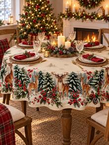 1 Piece Of Christmas Deer Tablecloth, Winter Forest Reindeer Pine Snowflake Print, Rural Christmas Dining Decoration, Suitable For Holiday Dinners And Comfortable Homes - Multicolor - View 11