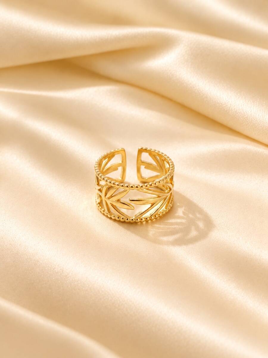 European & American Vintage French Bohemian Style Hollow Leaf Wide Open Ring, Niche Design High-End Index Finger Ring, Vacation Accessory For Women - Gold - View 1