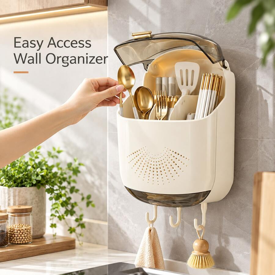 1pc Wall-Mounted Cutlery Holder With Flip-Top Dust Cover, Removable 4-Compartment Utensil Organizer With Drain Tray & 3 Hooks, No-Drill Kitchen Storage Rack For Chopsticks, Spoons, Forks & Cooking Utensils