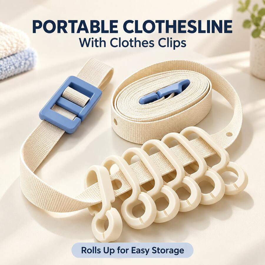 3.5m Portable Clothesline With Included Clothes Clips, Adjustable Length Laundry Drying Strap With Compact Roll-Up Design, Easy To Pack And Carry For Bathrooms, Balconies, Dorms, Hotels, Camping And Travel