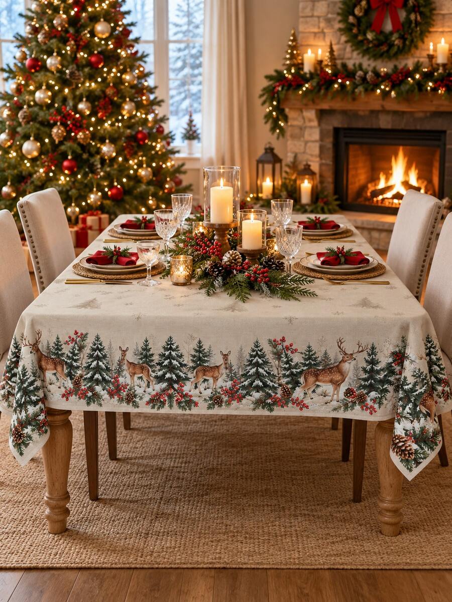 1 Piece Of Christmas Deer Tablecloth, Winter Forest Reindeer Pine Snowflake Print, Rural Christmas Dining Decoration, Suitable For Holiday Dinners And Comfortable Homes - Multicolor - View 1