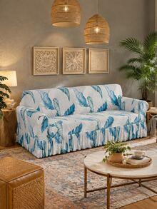 1pc Leaf Pattern Print Elastic Sofa Cover, Dust-Proof & Dirt-Resistant, Stretch Full Coverage Sofa Protector, Home Decor, Machine Washable - Blue - View 8