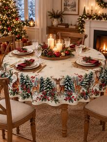 1 Piece Of Christmas Deer Tablecloth, Winter Forest Reindeer Pine Snowflake Print, Rural Christmas Dining Decoration, Suitable For Holiday Dinners And Comfortable Homes - Multicolor - View 8