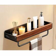 Solid Wood Walnut Bathroom Wall-Mounted Shelf, No-Punch Floating Storage Rack, Suitable For Washbasin Countertops, Toiletries And Household Essentials Storage - Black - View 15