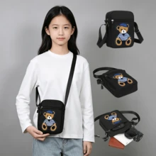 Pointer jumping Crossbody Bag Student Bag 3D Embroidered Bear Large Capacity Bag New Fashion Shoulder Suitable For Daily Commute And Outing Use, Unisex - Black - View 1