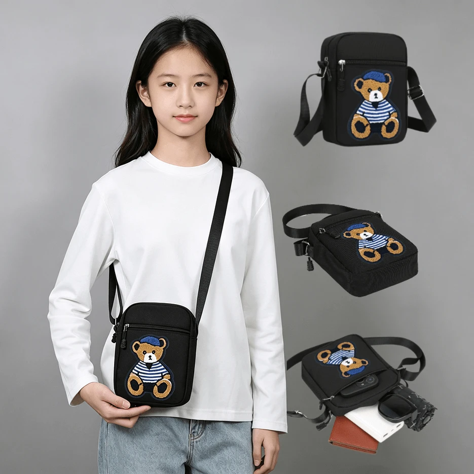 Pointer jumping Crossbody Bag Student Bag 3D Embroidered Bear Large Capacity Bag New Fashion Shoulder Suitable For Daily Commute And Outing Use, Unisex - Black - View 1