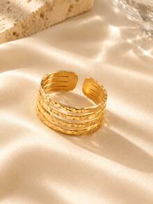 3pcs/Set Gold Open Ring Stackable Combination Set, European And American Style Multi-Layer Wide Band Beaded Chain Rings, Adjustable For All Finger Sizes, Unique Design Commute Party Accessories - Gold - View 5