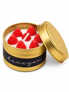 1pc Gold Tin Can Decorative Scented Candle, Berry Shaped Wax Design With Red Cherry And Strawberry Details, Bedroom Desk Aesthetic Home Decor, Cute Birthday Housewarming Gift For Her - Multiple Styles - View 11