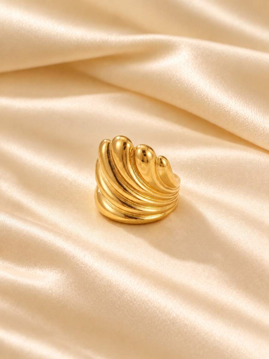 European And American High-End Gold Thick Shell Textured Wide Band Ring, Women's Vintage Design Versatile Finger Ring, Personalized Hand Accessory - Gold - View 1