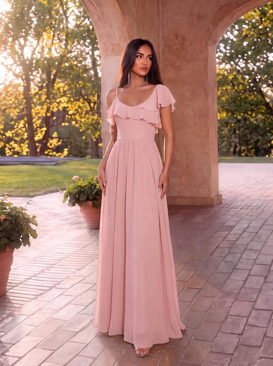 EVERPRETTY New Elegant Minimalist V-Neck Asymmetrical Ruffle Hem Light Pink Bridesmaid Dress, Suitable For Spring/Summer Wedding Guest, Vacation, Cocktail Party - Baby Pink - View 1