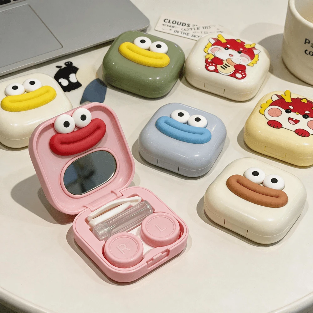 1pc Funny Cartoon Contact Lens Case With Tweezers, Big Mouth Square Design With Mirror, Myopia Contact Lens Storage Box, Compact Portable Companion Case For Contact Lenses