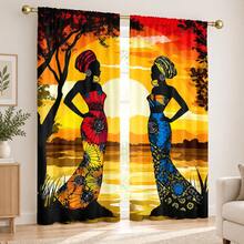 2pcs High-Definition Digital Bohemian African Exotic Print Decorative Curtains, Women Silhouette Totem Pattern Design, Polyester Material, Rod Pocket Design, Easy To Hang, Semi-Transparent Privacy Protection, Machine Washable And Hand Washable, Vintage Bohemian Living Room Bedroom Curtains, Suitable For Bedroom, Living Room, Kitchen, Closet, Study, Home Decor. - Multicolor - View 8