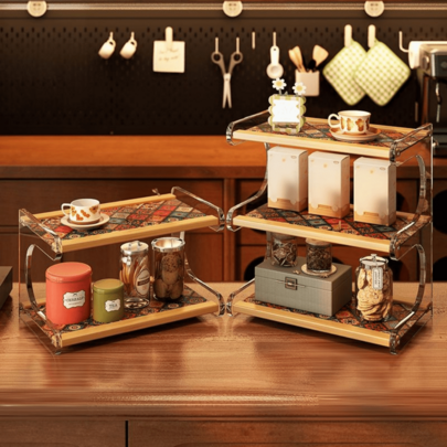 Bamboo & Acrylic Multi-Tier Desktop Storage Rack, Countertop Display Organizer Stand For Coffee Bar, Cup, Snack, Cosmetics, Tabletop Decor