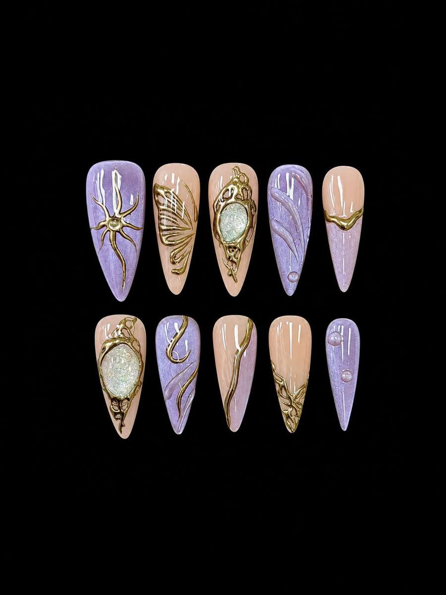 Set Of 10 Minimalist, Retro, Handmade Press-On Nails-Perfect For Autumn And Winter. Features Cat-Eye And 3D Handmade Designs; A Luxurious, Reusable Set Suitable For Everyday Wear Or Parties For Girls And Women.