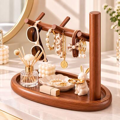 1PC Wooden Jewelry Organizer Stand With Hooks And Oval Tray, Desktop Storage Rack For Watches, Necklaces, Bracelets, Keys, Fashion Glasses, Hair Accessories, Perfume And Small Items, For Vanity, Dresser, Bedroom, Entryway And Dressing Table
