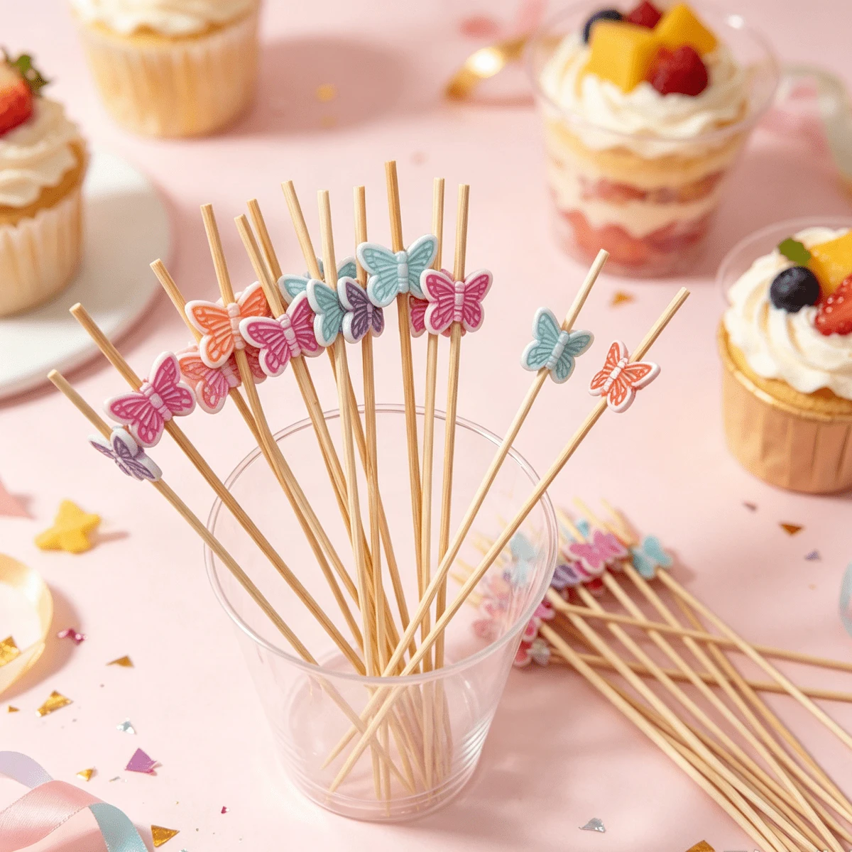 Multi-Color Butterfly Shaped Long Toothpicks, Fruit Picks, Cocktail Decoration Picks, Fresh And Cute, Suitable For Party Platters, Dessert Garnishing, Adding Color To Birthdays, Weddings, Parties, Christmas And More - Multicolor - View 1