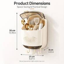 1pc Wall-Mounted Cutlery Holder With Flip-Top Dust Cover, Removable 4-Compartment Utensil Organizer With Drain Tray & 3 Hooks, No-Drill Kitchen Storage Rack For Chopsticks, Spoons, Forks & Cooking Utensils - Multicolor - View 10