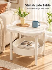Modern 2-Tier Side Table With Storage Shelf, Clover-Shaped Small End Table, Space-Saving Bedside Cabinet, Suitable For Living Room, Bedroom And Study, White/Black - White - View 2