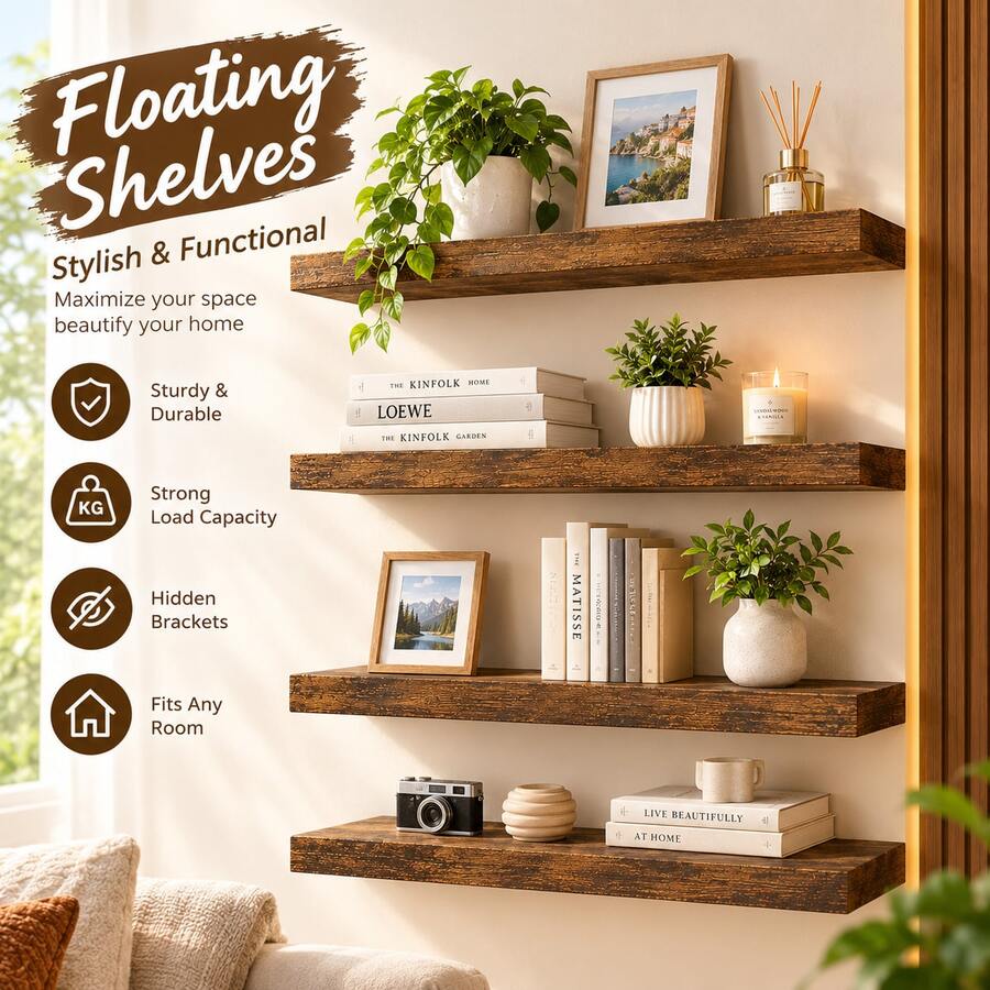 1pc Floating Wall Shelf, Wall Decor, Room Decor, Home Decor, Suitable For Bathroom, Living Room, Bedroom, Kitchen And Garage Wall Decor, Housewarming Gift, Suitable For Living Room, Bedroom, Kitchen And Bathroom And Other Multiple Scenes - View 1