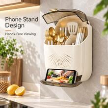 1pc Wall-Mounted Cutlery Holder With Flip-Top Dust Cover, Removable 4-Compartment Utensil Organizer With Drain Tray & 3 Hooks, No-Drill Kitchen Storage Rack For Chopsticks, Spoons, Forks & Cooking Utensils - Multicolor - View 9