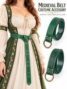 Medieval Celtic Pattern PU Leather Belt, Vintage Round Buckle Waist Cincher, Halloween Renaissance Elf Cosplay Accessory, LARP Theme Party Costume Prop - Green - View 1