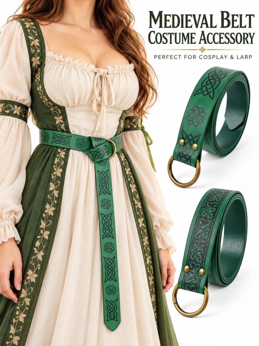 Medieval Celtic Pattern PU Leather Belt, Vintage Round Buckle Waist Cincher, Halloween Renaissance Elf Cosplay Accessory, LARP Theme Party Costume Prop - Green - View 1