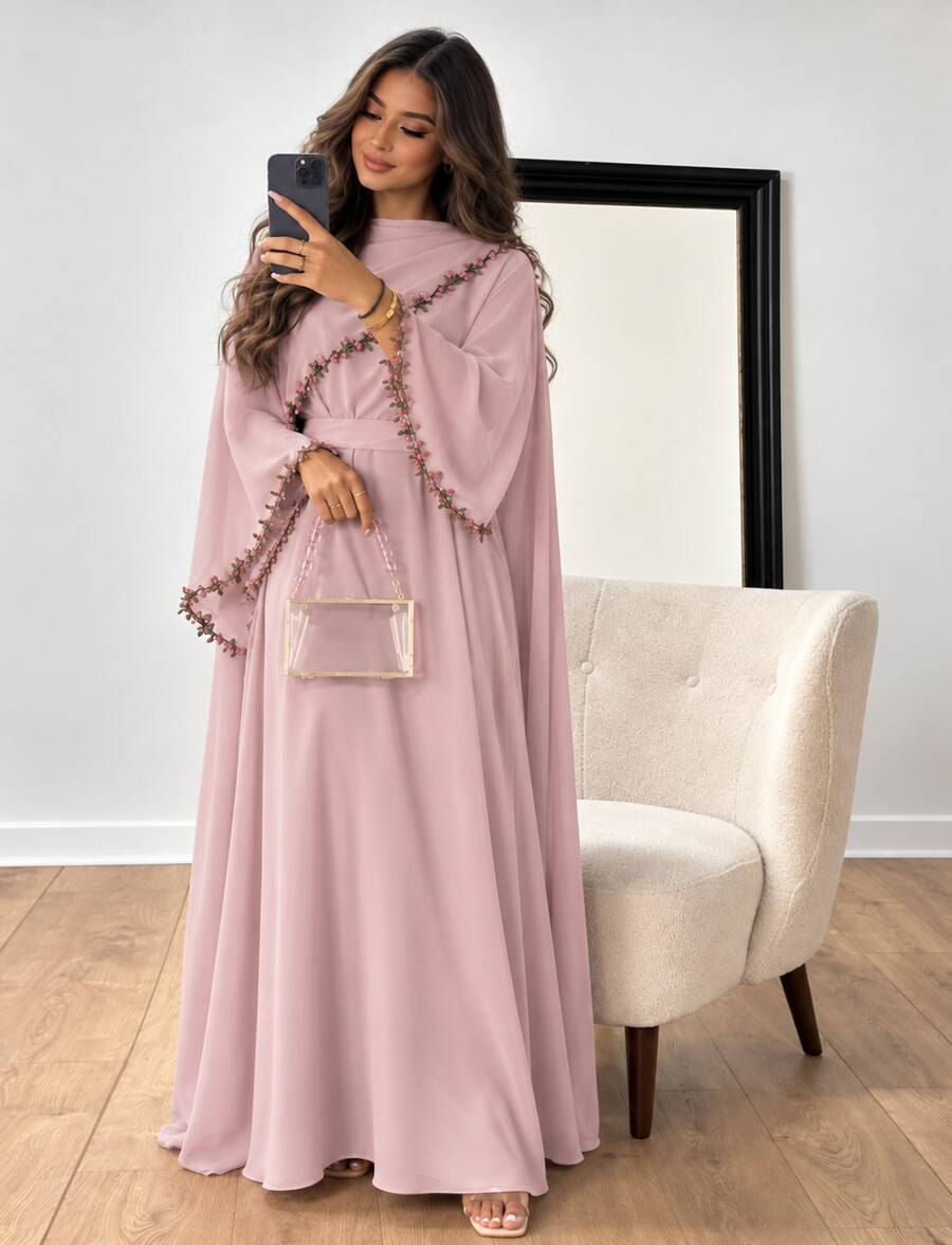 Elegant Grey-Pink Long Sleeve Abaya With Delicate Floral Embroidered Lace Trim At Neckline - Pink - View 1