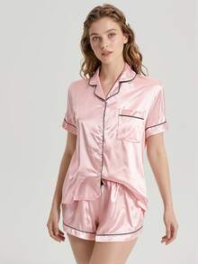 Aesletic [Elegant Fields]2pcs/Set Satin Pajama Set For Women, Short Sleeved Turn-Down Collar Top And Bowknot Shorts, Home Clothing, Two Pieces Set - Pink - View 1