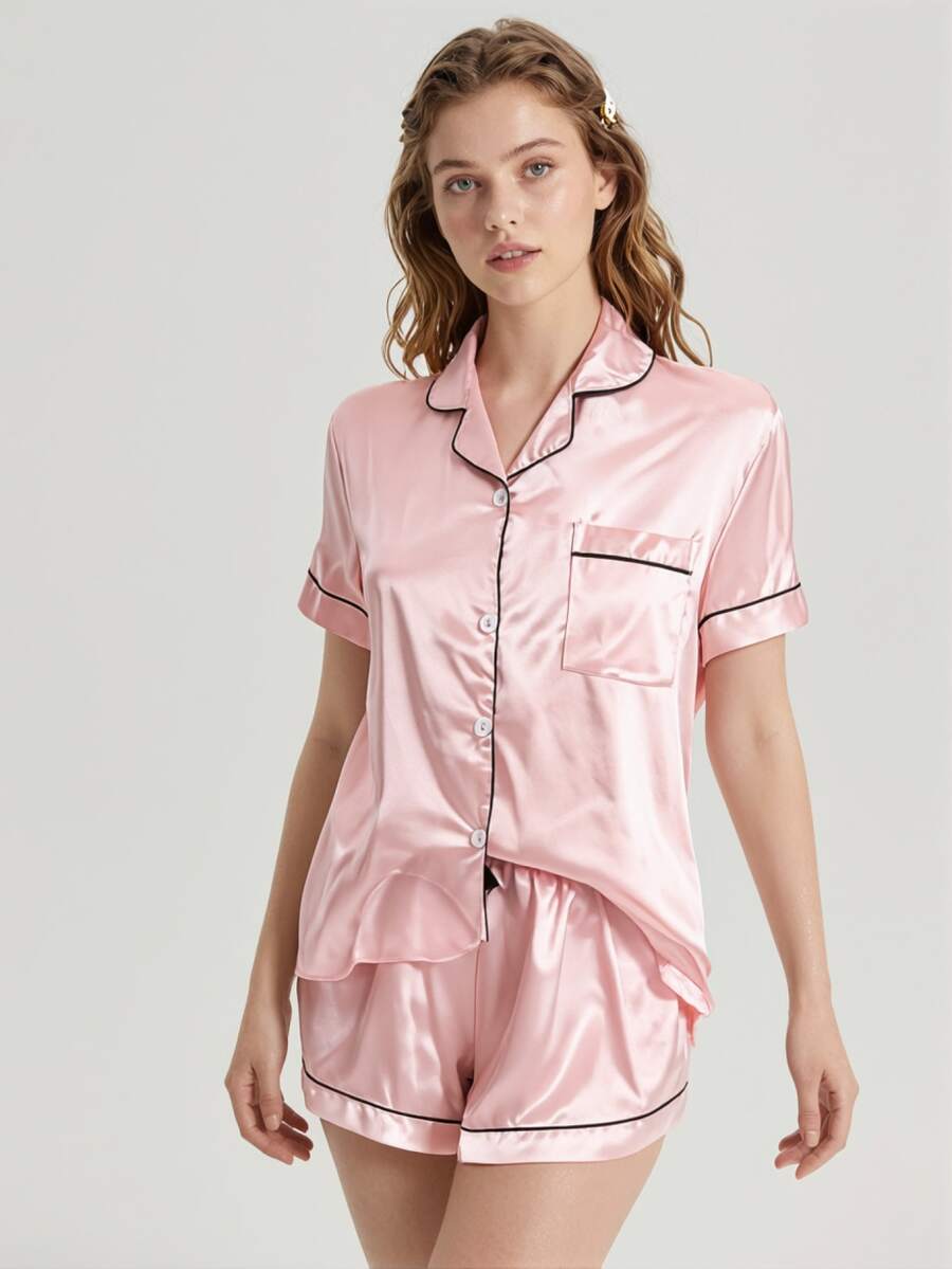 Aesletic [Elegant Fields]2pcs/Set Satin Pajama Set For Women, Short Sleeved Turn-Down Collar Top And Bowknot Shorts, Home Clothing, Two Pieces Set - Pink - View 1