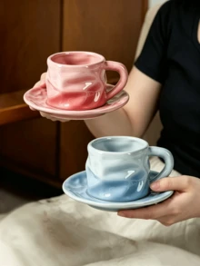 1 buah Mug Keramik Buatan Tangan dengan Desain Asimetris dan Tatakan, Cangkir Kopi Kreatif, Cangkir Susu dan Air untuk Rumah, Set Cangkir dan Tatakan Teh Sore, Hadiah yang Sangat Menarik - MultiWarna - View 1