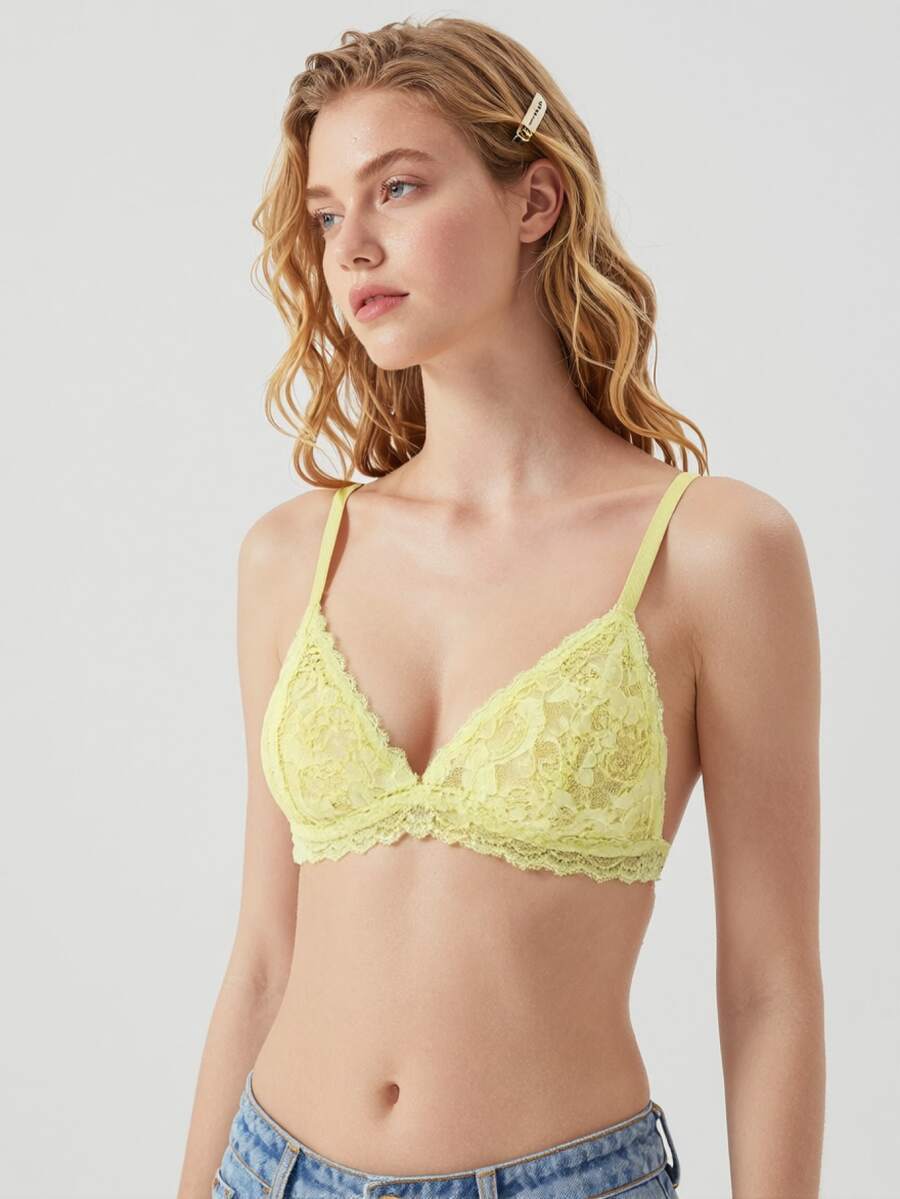 Aesletic Holiday Season Ultra-Thin Bra, Floral Pattern Lace Bra For Small Bust Women, Soft Seamless Triangle Cup Sexy Lingerie - Yellow - View 1