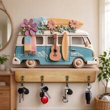 2D Flat Wooden Multi-Function Key Holder With 4 Metal Hooks, Suitable For Wall Decor, Porch Decor, Room Decor, Villa Decor, All Season Home Decor, Surfboard Hook, Large Key Rack, Wall-Mounted Key Holder, RV Key Hanger, Entryway Key Rack, Home Key Organizer - Multicolor - View 2