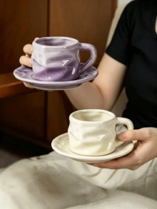1 buah Mug Keramik Buatan Tangan dengan Desain Asimetris dan Tatakan, Cangkir Kopi Kreatif, Cangkir Susu dan Air untuk Rumah, Set Cangkir dan Tatakan Teh Sore, Hadiah yang Sangat Menarik - MultiWarna - View 2