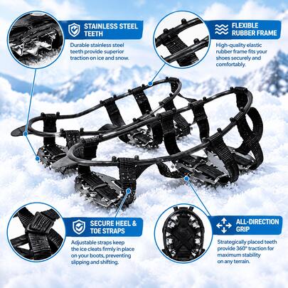 1 Pair 24-Tooth Anti-Slip Ice Crampons - Black, Manganese Steel, Suitable For Hiking, Climbing, Walking, Running And Hunting, Size 35-40: 6.8cm/2.68in, 20cm/7.87in; Size 41-46: 7cm/2.76in, 23cm/9.06in, Hiking Gear | Adjustable Strap Design | Durable Metal Construction, Hiking Boots