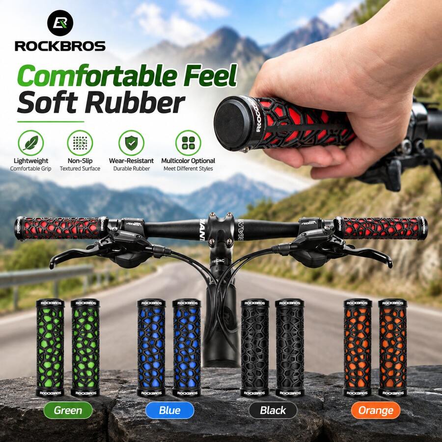 ROCKBROS 1件裝自行車橡膠把手套，自行車把手套，鎖定式防滑