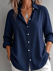Christmas Vintage Casual Fashion Solid Color Women's Lightweight Button Long Sleeve Blouse Open Front Navy Blue Top - Navy Blue - View 2