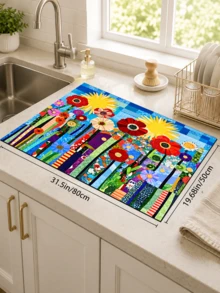 1pc Colorful Floral Patchwork Kitchen Dish Drying Mat, Rectangular Absorbent Countertop Mat, Garden Sunflower Art Pattern Sink Mat Coffee Machine Mat, Spring Summer Kitchen Dining Room Home Decor - Multicolor - View 11