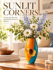 1pc Contemporary Color Block Vase With Gold-Tone Leaf Detail, Decorative Flower Vase And Tabletop Centerpiece For Living Room, Bedroom, Office, Bookshelf, Coffee Table, Entryway Home Decor - A - View 8