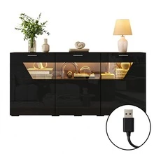 Sideboard With A Unique Design / With 3 Doors Featuring A Special Glass Design / With A Decorative Viewing Window / With Ample Storage Space / High-Gloss Finish / Suitable For Dining Rooms And Living Rooms - Black + Particle Board - View 11