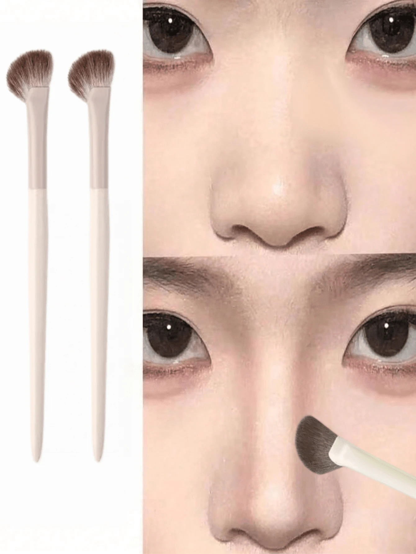 2pcs White Cloud Porcelain Angled Half-Fan Nose Contour Brushes, Soft Bionic Bristle Precise Nose Contouring Makeup Brushes, Dual-Use For Highlight And Shadow, Beginner-Friendly Facial Makeup Tool, Professional Highlight And Blush Makeup Tool, Quickly Create Nose Shape For Beginners. - White - View 1