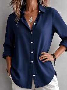Christmas Vintage Casual Fashion Solid Color Women's Lightweight Button Long Sleeve Blouse Open Front Navy Blue Top - Navy Blue - View 4