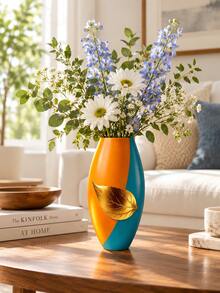 1pc Contemporary Color Block Vase With Gold-Tone Leaf Detail, Decorative Flower Vase And Tabletop Centerpiece For Living Room, Bedroom, Office, Bookshelf, Coffee Table, Entryway Home Decor - A - View 1