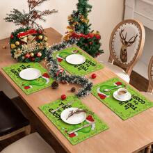 The Grinch Christmas Placemats, 4-Piece Set, Christmas Cartoon Table Decor Mats, Table Protection Pads, Suitable For Winter Christmas Table Setting, Family Holiday Gathering, Christmas Theme Dinner, Holiday Tabletop Decoration, Universal Table Size, Washable, Non-Slip And Wear-Resistant, Linen Material - Green - View 6