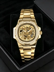 LONGLUX 1pc Men's Rhinestone Waterproof Automatic Skeleton Mechanical Watch Stainless Steel Band - Gold - View 2