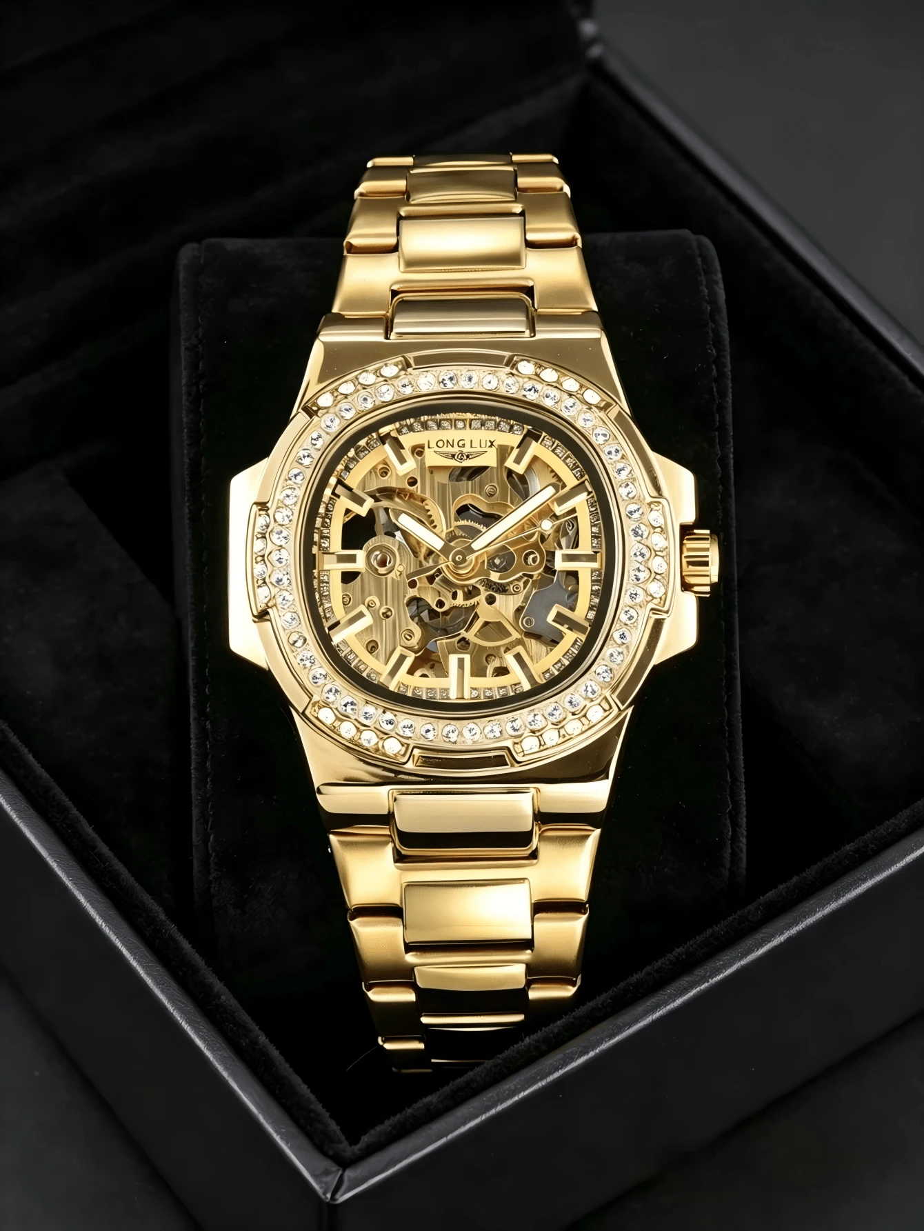 LONGLUX 1pc Men's Rhinestone Waterproof Automatic Skeleton Mechanical Watch Stainless Steel Band
